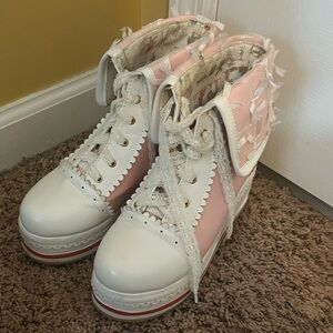 Pink and White Lace-Up Boots
